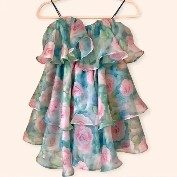 AKIRA Strapless Floral Dress - Blue and Pink - Picture 2 of 2